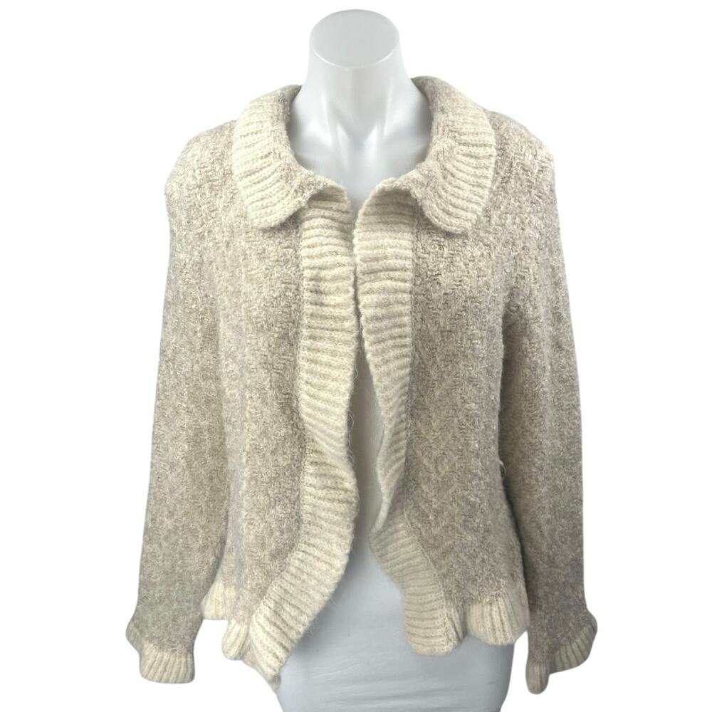 NEW Zara Cream Beige Ribbed Knit Collared Fuzzy Open Cardigan Sweater Top Size L